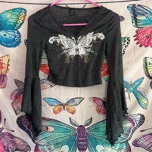 Cropped Sheer Butterfly Print Shirt with Flounce Sleeves